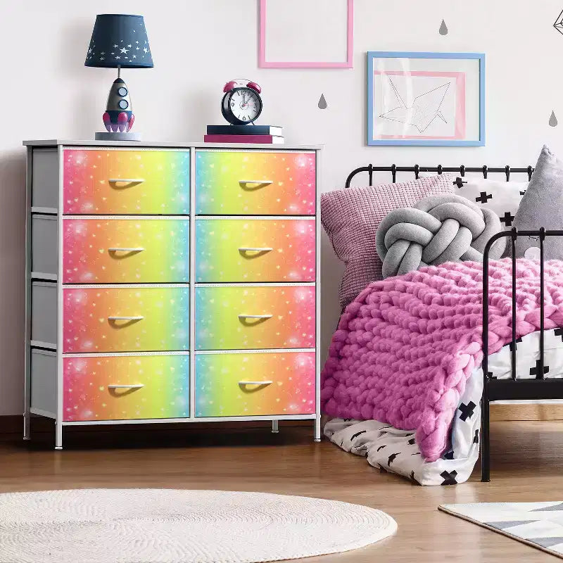 Comodino a 8 cassetti con struttura in acciaio, piano in legno e contenitori in tessuto, 81 cm (A) x 80 cm (L) x 30 cm (P), per camera da letto o armadio