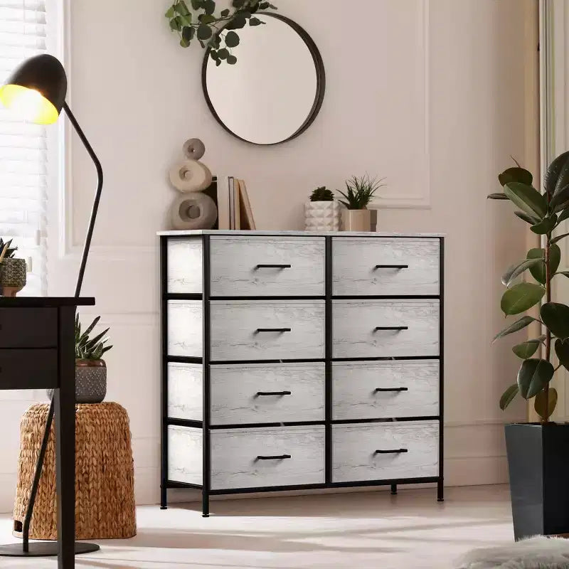 Comodino a 8 cassetti con struttura in acciaio, piano in legno e contenitori in tessuto, 81 cm (A) x 80 cm (L) x 30 cm (P), per camera da letto o armadio