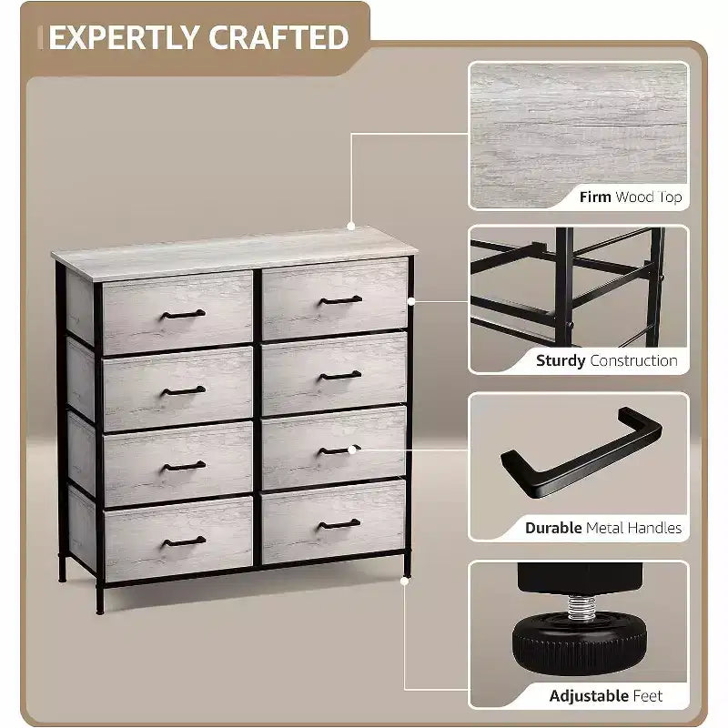 Comodino a 8 cassetti con struttura in acciaio, piano in legno e contenitori in tessuto, 81 cm (A) x 80 cm (L) x 30 cm (P), per camera da letto o armadio
