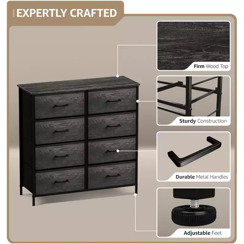 Comodino a 8 cassetti con struttura in acciaio, piano in legno e contenitori in tessuto, 81 cm (A) x 80 cm (L) x 30 cm (P), per camera da letto o armadio