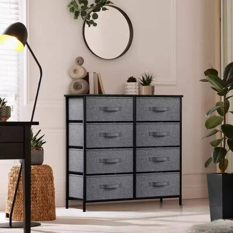 Comodino a 8 cassetti con struttura in acciaio, piano in legno e contenitori in tessuto, 81 cm (A) x 80 cm (L) x 30 cm (P), per camera da letto o armadio