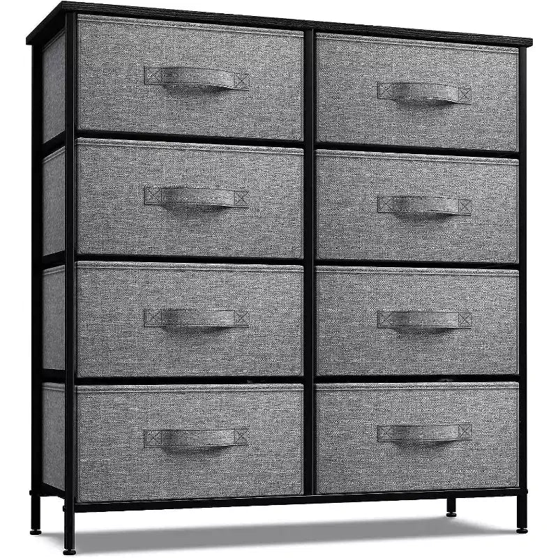 Comodino a 8 cassetti con struttura in acciaio, piano in legno e contenitori in tessuto, 81 cm (A) x 80 cm (L) x 30 cm (P), per camera da letto o armadio