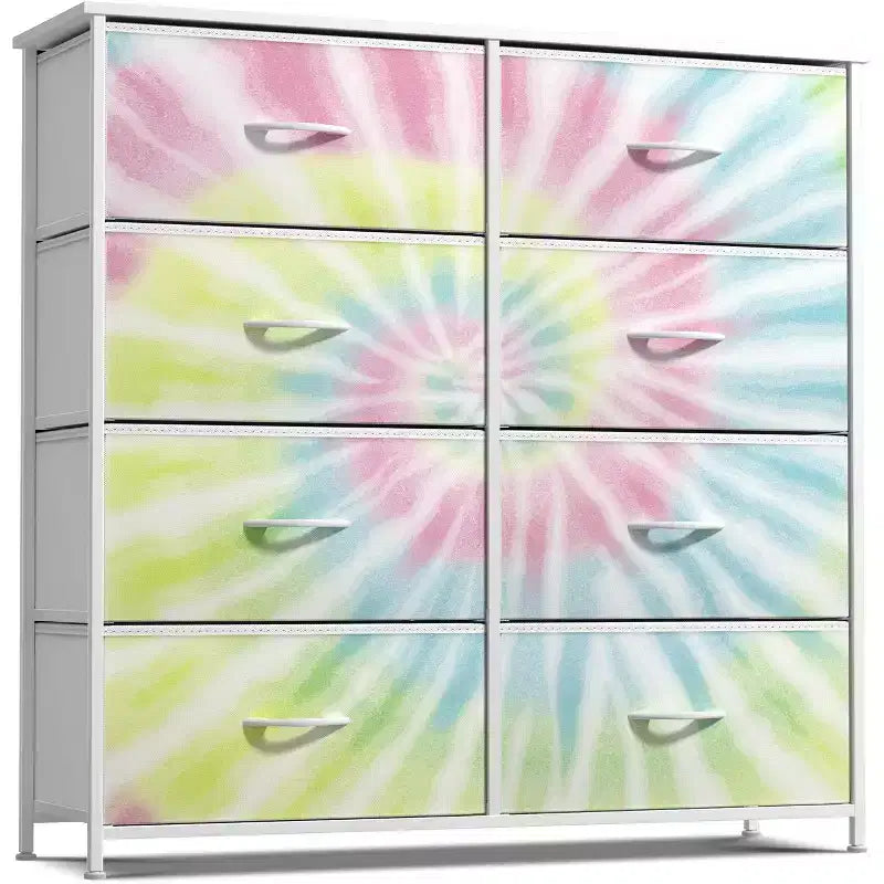 Comodino a 8 cassetti con struttura in acciaio, piano in legno e contenitori in tessuto, 81 cm (A) x 80 cm (L) x 30 cm (P), per camera da letto o armadio