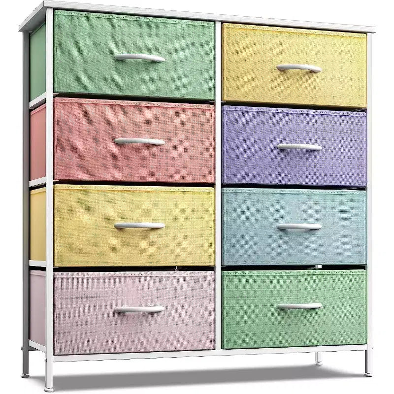 Comodino a 8 cassetti con struttura in acciaio, piano in legno e contenitori in tessuto, 81 cm (A) x 80 cm (L) x 30 cm (P), per camera da letto o armadio