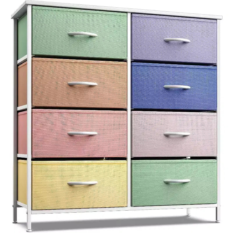 Comodino a 8 cassetti con struttura in acciaio, piano in legno e contenitori in tessuto, 81 cm (A) x 80 cm (L) x 30 cm (P), per camera da letto o armadio