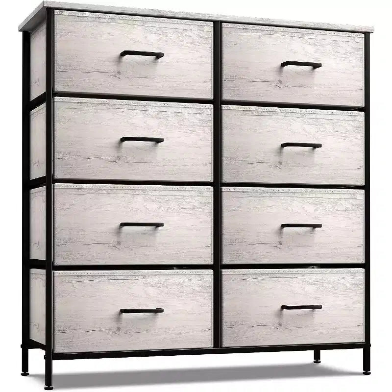Comodino a 8 cassetti con struttura in acciaio, piano in legno e contenitori in tessuto, 81 cm (A) x 80 cm (L) x 30 cm (P), per camera da letto o armadio