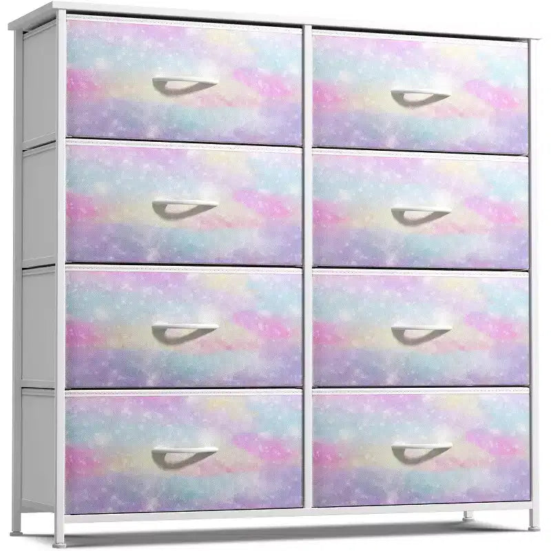 Comodino a 8 cassetti con struttura in acciaio, piano in legno e contenitori in tessuto, 81 cm (A) x 80 cm (L) x 30 cm (P), per camera da letto o armadio