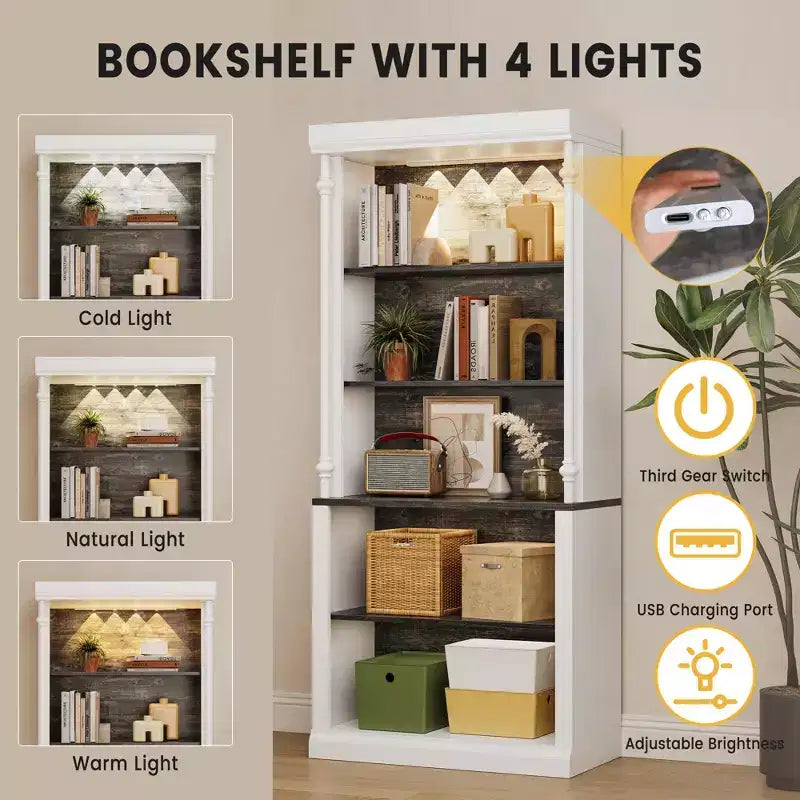 Libreria a 5 livelli con armadietto e illuminazione a LED