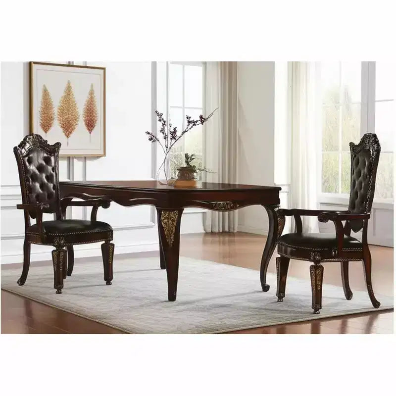 Set di 2 sedie da pranzo con braccioli e capitonné, rivestimento in similpelle, struttura in legno massello, marrone e rosso mogano