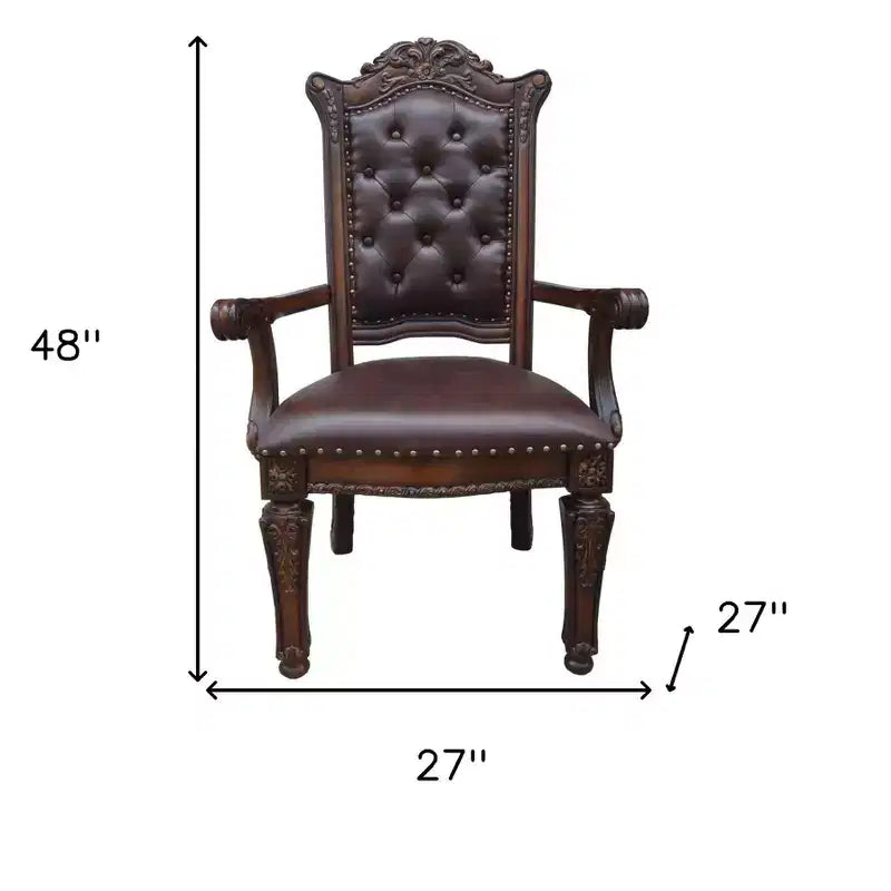 Set di 2 sedie da pranzo con braccioli e capitonné, rivestimento in similpelle, struttura in legno massello, marrone e rosso mogano