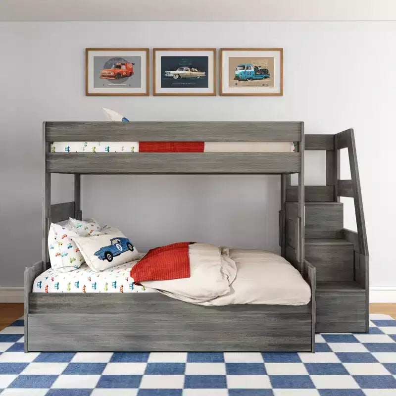 Letto a castello moderno stile rustico doppio su una piazza e mezza con scaletta e letto estraibile, struttura in legno
