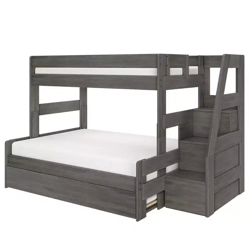 Letto a castello moderno stile rustico doppio su una piazza e mezza con scaletta e letto estraibile, struttura in legno