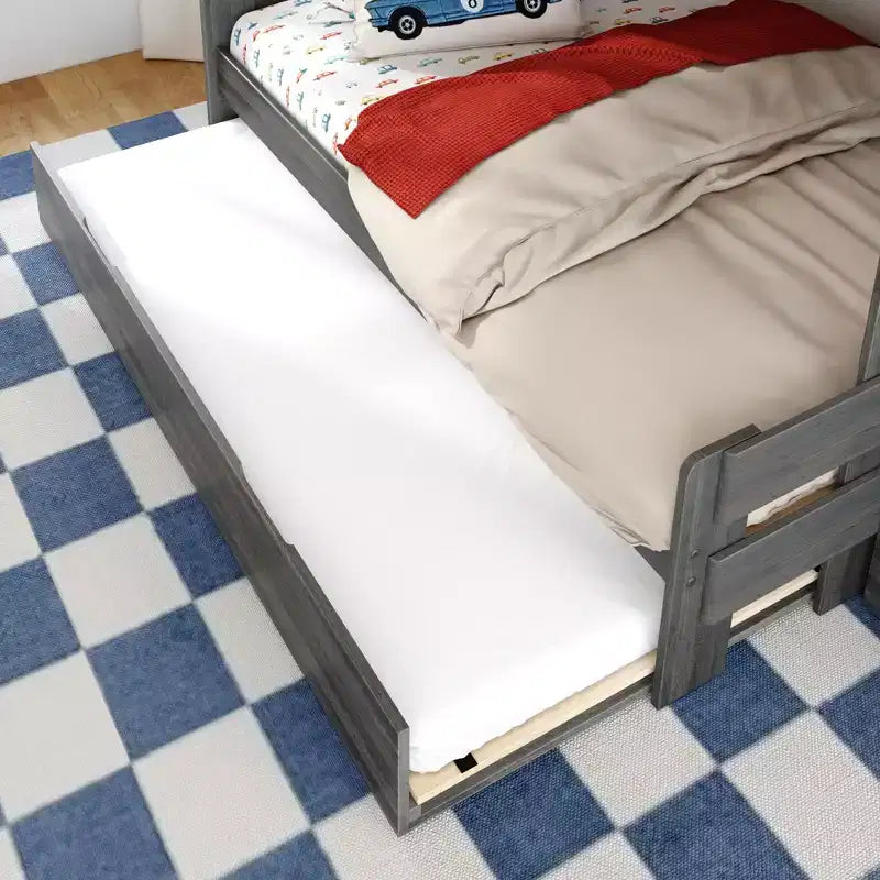 Letto a castello moderno stile rustico doppio su una piazza e mezza con scaletta e letto estraibile, struttura in legno