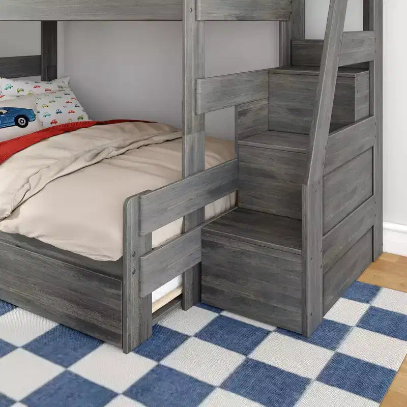 Letto a castello moderno stile rustico doppio su una piazza e mezza con scaletta e letto estraibile, struttura in legno