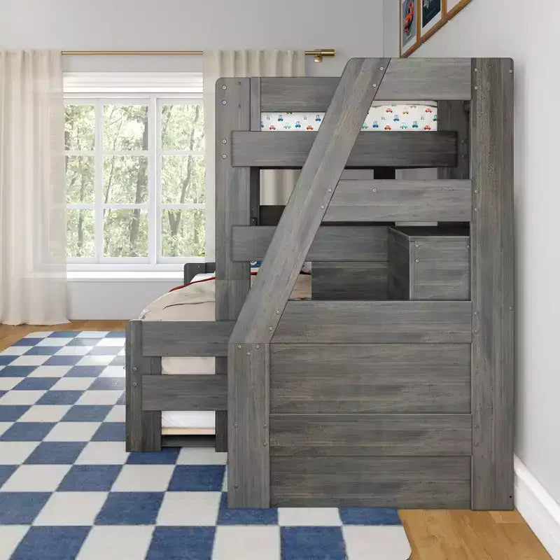 Letto a castello moderno stile rustico doppio su una piazza e mezza con scaletta e letto estraibile, struttura in legno