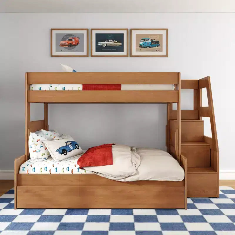 Letto a castello moderno stile rustico doppio su una piazza e mezza con scaletta e letto estraibile, struttura in legno