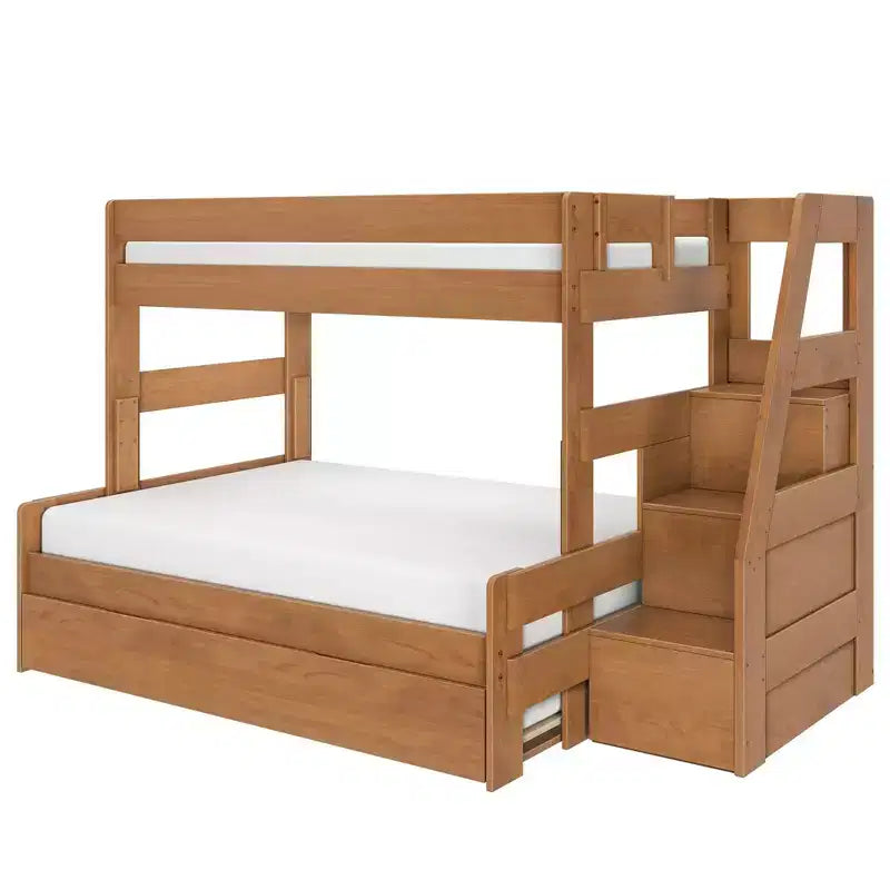 Letto a castello moderno stile rustico doppio su una piazza e mezza con scaletta e letto estraibile, struttura in legno