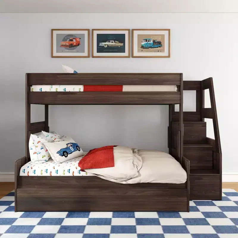 Letto a castello moderno stile rustico doppio su una piazza e mezza con scaletta e letto estraibile, struttura in legno