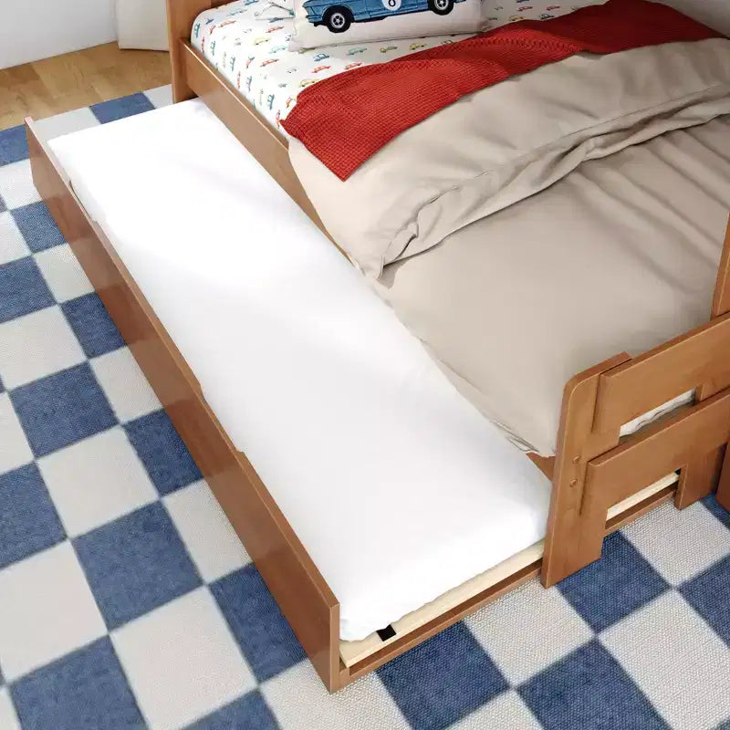 Letto a castello moderno stile rustico doppio su una piazza e mezza con scaletta e letto estraibile, struttura in legno