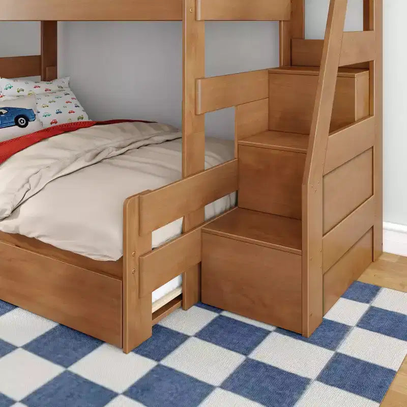 Letto a castello moderno stile rustico doppio su una piazza e mezza con scaletta e letto estraibile, struttura in legno
