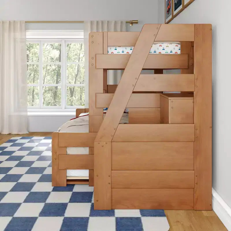 Letto a castello moderno stile rustico doppio su una piazza e mezza con scaletta e letto estraibile, struttura in legno