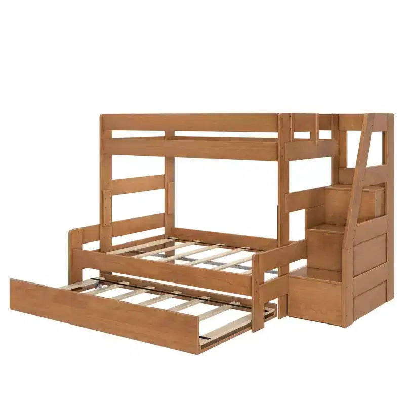 Letto a castello moderno stile rustico doppio su una piazza e mezza con scaletta e letto estraibile, struttura in legno