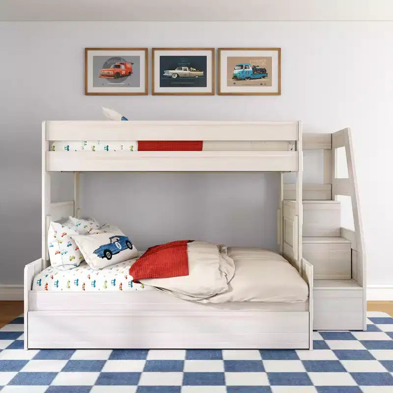 Letto a castello moderno stile rustico doppio su una piazza e mezza con scaletta e letto estraibile, struttura in legno