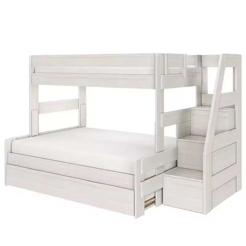 Letto a castello moderno stile rustico doppio su una piazza e mezza con scaletta e letto estraibile, struttura in legno