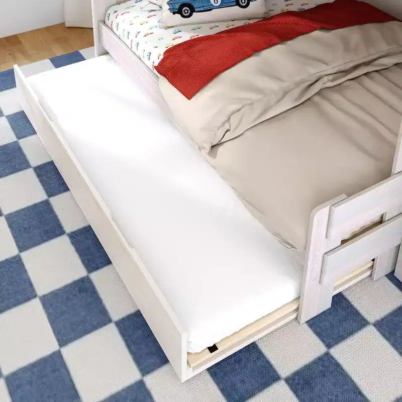 Letto a castello moderno stile rustico doppio su una piazza e mezza con scaletta e letto estraibile, struttura in legno