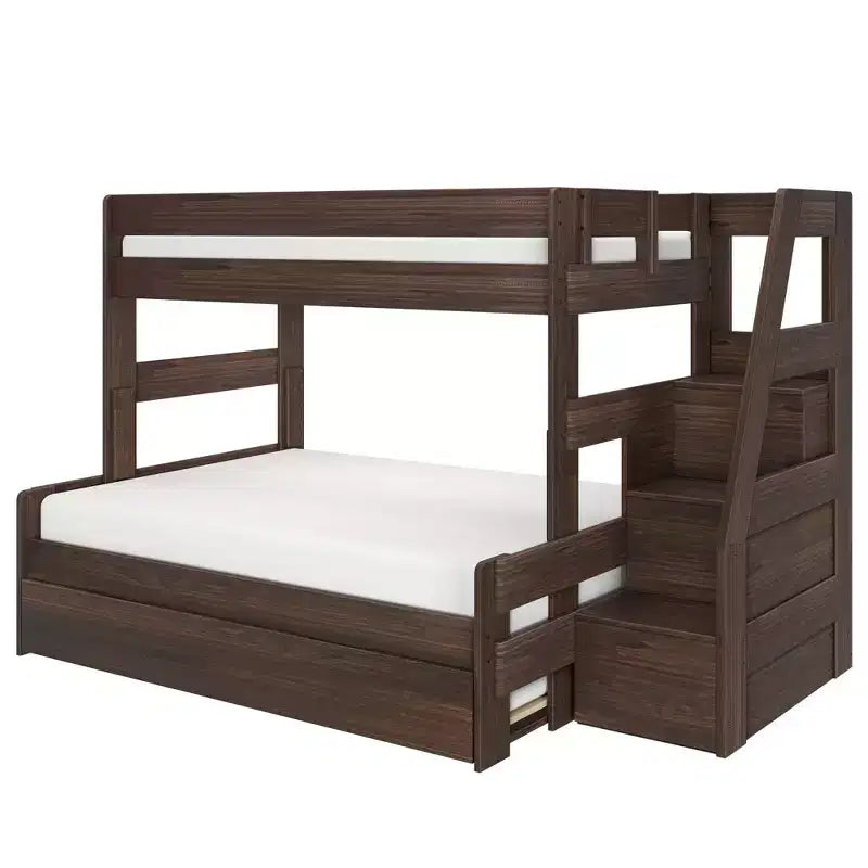 Letto a castello moderno stile rustico doppio su una piazza e mezza con scaletta e letto estraibile, struttura in legno