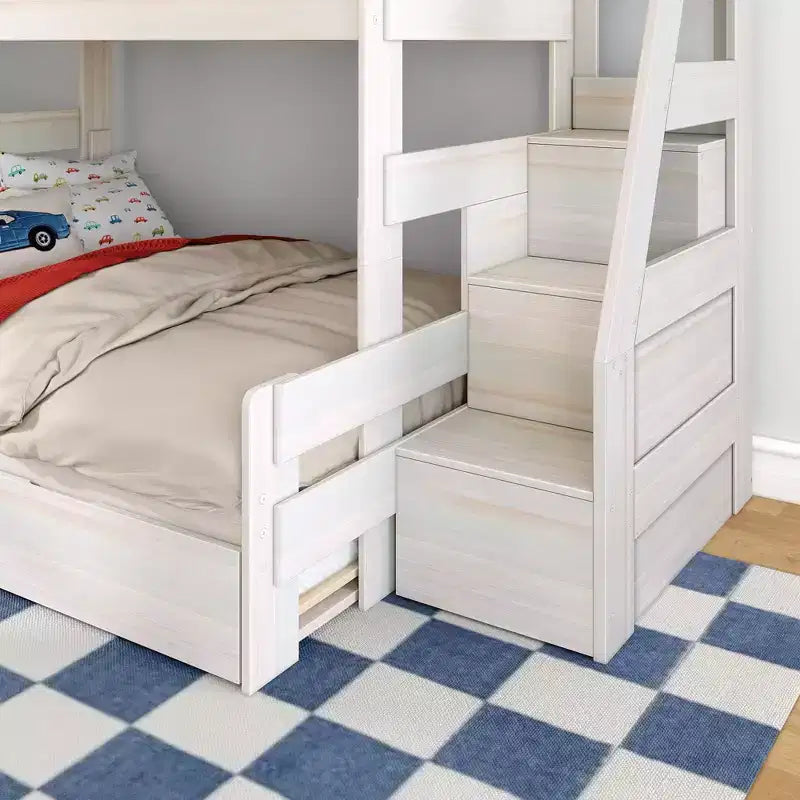 Letto a castello moderno stile rustico doppio su una piazza e mezza con scaletta e letto estraibile, struttura in legno