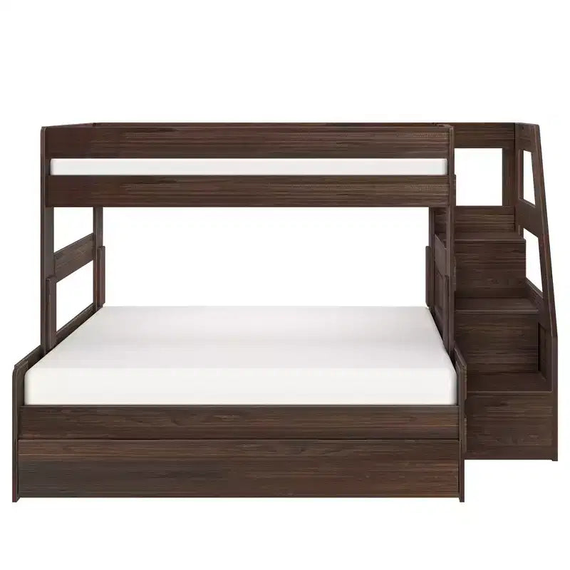 Letto a castello moderno stile rustico doppio su una piazza e mezza con scaletta e letto estraibile, struttura in legno