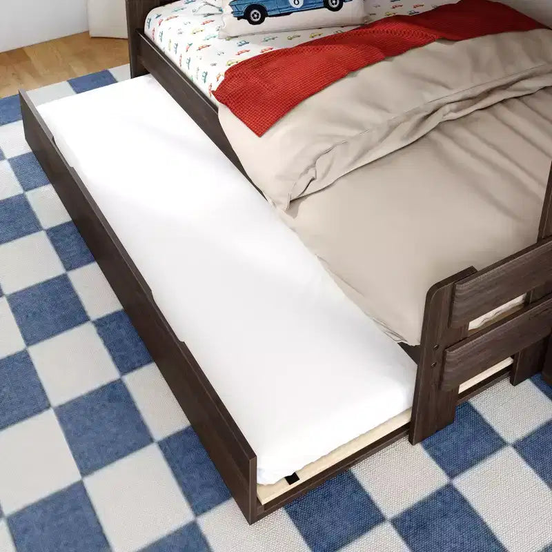 Letto a castello moderno stile rustico doppio su una piazza e mezza con scaletta e letto estraibile, struttura in legno