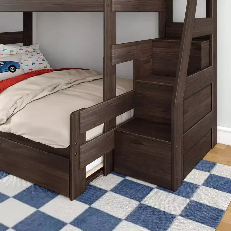 Letto a castello moderno stile rustico doppio su una piazza e mezza con scaletta e letto estraibile, struttura in legno