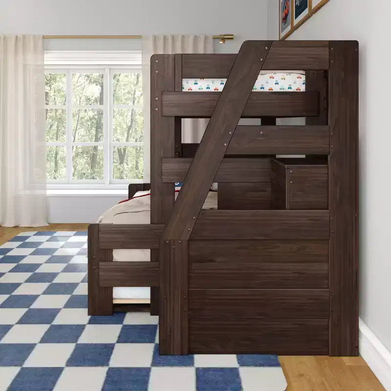 Letto a castello moderno stile rustico doppio su una piazza e mezza con scaletta e letto estraibile, struttura in legno