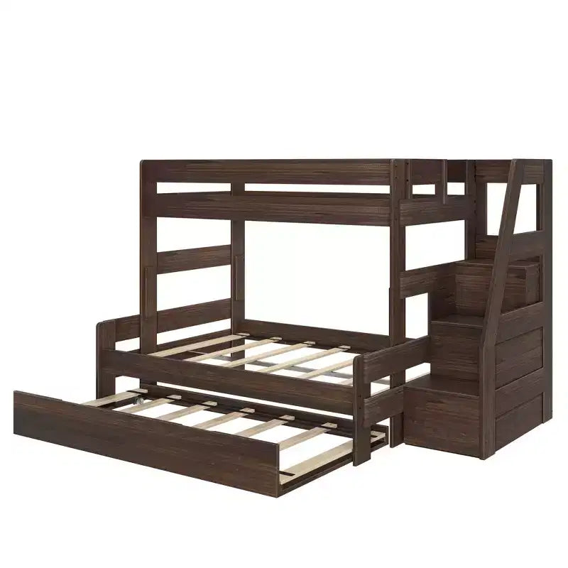 Letto a castello moderno stile rustico doppio su una piazza e mezza con scaletta e letto estraibile, struttura in legno