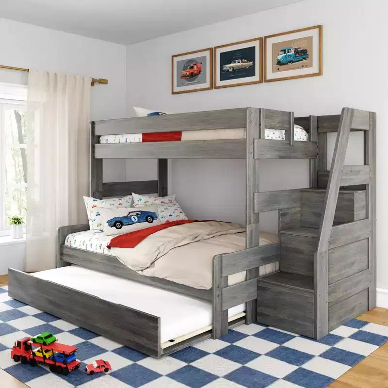 Letto a castello moderno stile rustico doppio su una piazza e mezza con scaletta e letto estraibile, struttura in legno