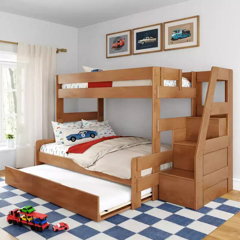 Letto a castello moderno stile rustico doppio su una piazza e mezza con scaletta e letto estraibile, struttura in legno