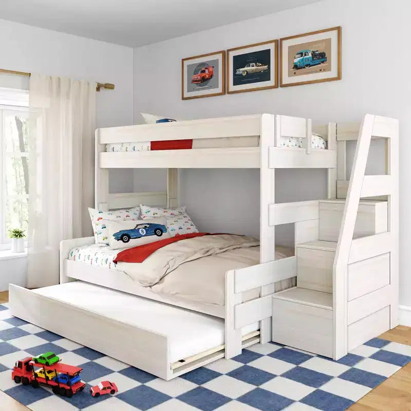 Letto a castello moderno stile rustico doppio su una piazza e mezza con scaletta e letto estraibile, struttura in legno