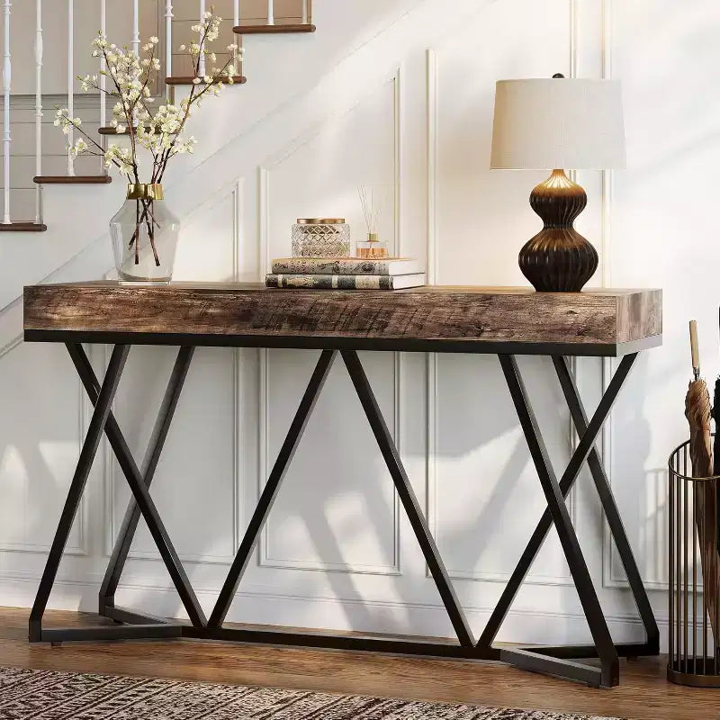 Tavolo consolle industriale da 55" con base geometrica in metallo, per ingresso, soggiorno o corridoio