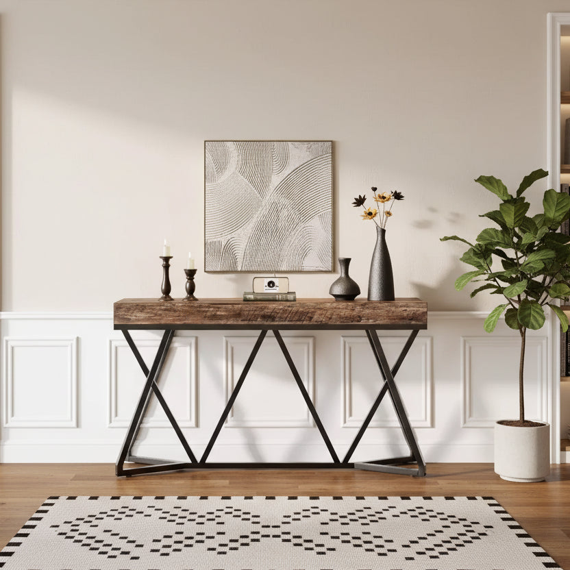 Tavolo consolle industriale da 55" con base geometrica in metallo, per ingresso, soggiorno o corridoio