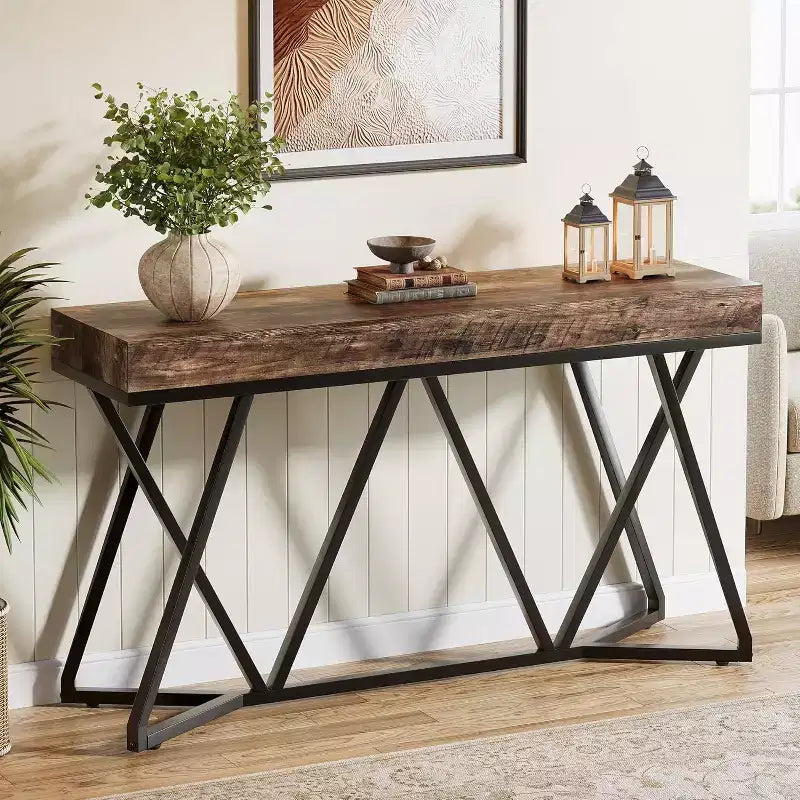 Tavolo consolle industriale da 55" con base geometrica in metallo, per ingresso, soggiorno o corridoio