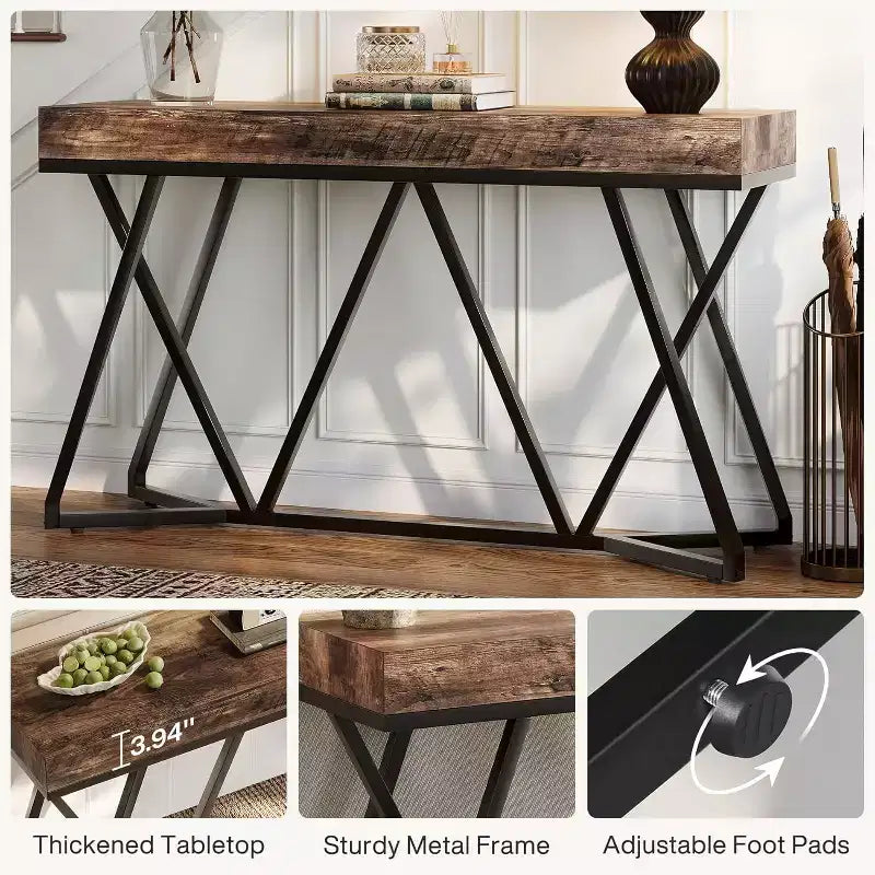 Tavolo consolle industriale da 55" con base geometrica in metallo, per ingresso, soggiorno o corridoio