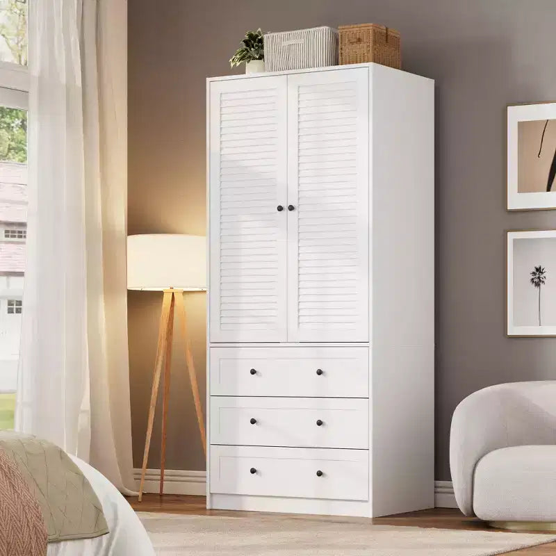 Armadio a Muro Indipendente con 3 Cassetti e 2 Ante, Armadio Moderno in Legno per Camera da Letto, Disponibile in Nero, Bianco, Colore Legno