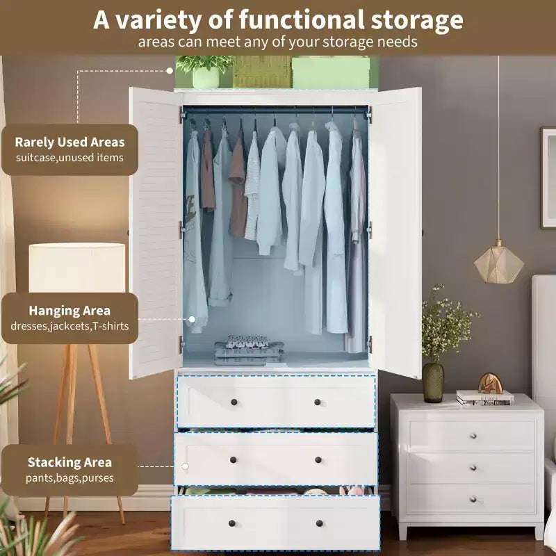 Armadio a Muro Indipendente con 3 Cassetti e 2 Ante, Armadio Moderno in Legno per Camera da Letto, Disponibile in Nero, Bianco, Colore Legno