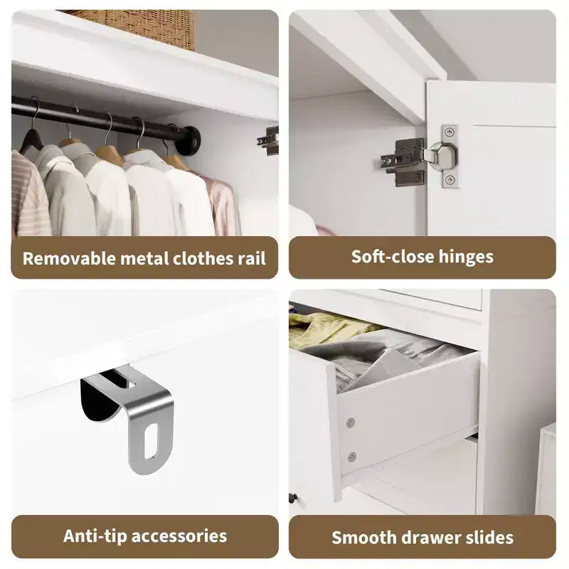 Armadio a Muro Indipendente con 3 Cassetti e 2 Ante, Armadio Moderno in Legno per Camera da Letto, Disponibile in Nero, Bianco, Colore Legno