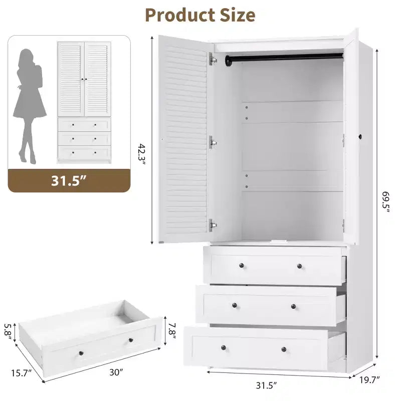 Armadio a Muro Indipendente con 3 Cassetti e 2 Ante, Armadio Moderno in Legno per Camera da Letto, Disponibile in Nero, Bianco, Colore Legno
