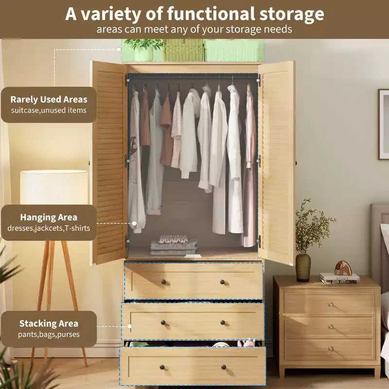 Armadio a Muro Indipendente con 3 Cassetti e 2 Ante, Armadio Moderno in Legno per Camera da Letto, Disponibile in Nero, Bianco, Colore Legno