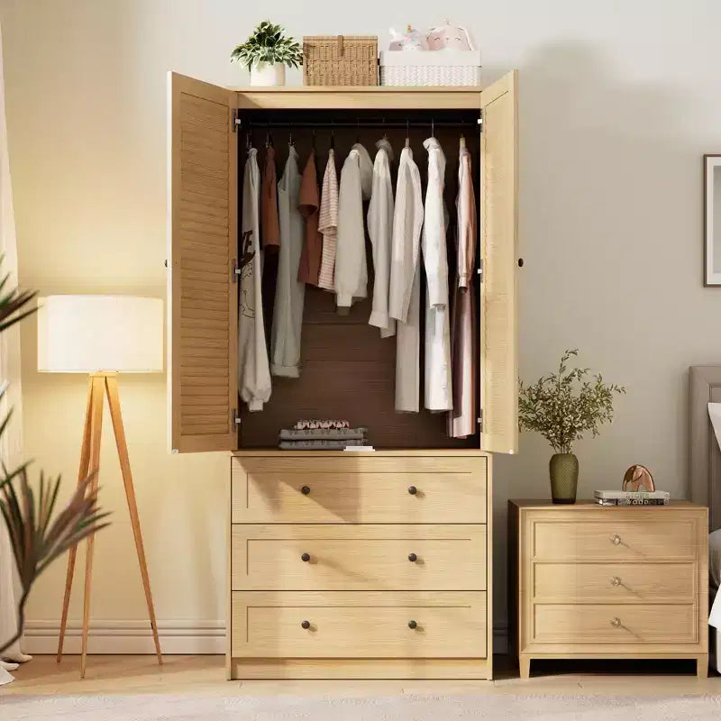 Armadio a Muro Indipendente con 3 Cassetti e 2 Ante, Armadio Moderno in Legno per Camera da Letto, Disponibile in Nero, Bianco, Colore Legno