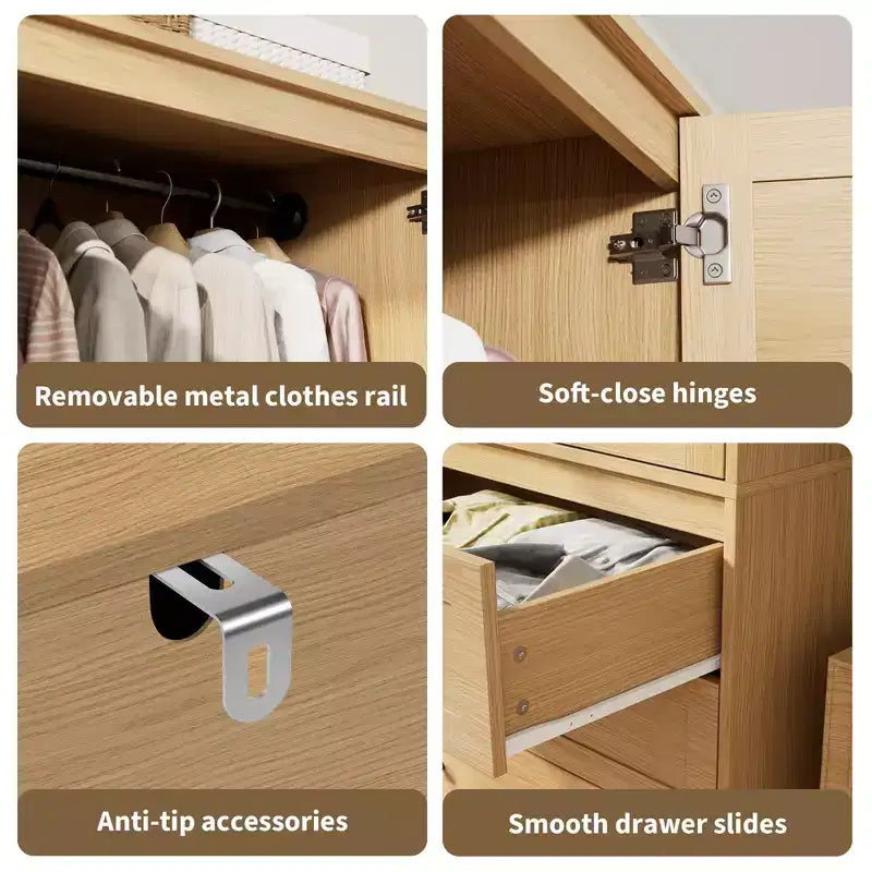 Armadio a Muro Indipendente con 3 Cassetti e 2 Ante, Armadio Moderno in Legno per Camera da Letto, Disponibile in Nero, Bianco, Colore Legno
